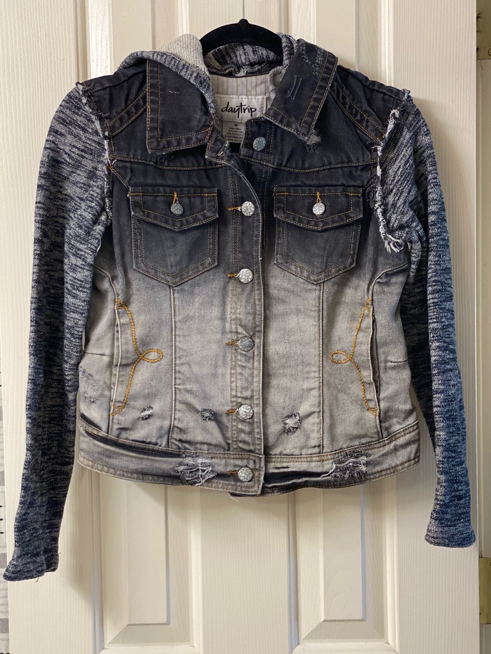 Daytrip Two-Tone Ombre Distressed Denim Jacket with Knit Hoodie & Sleeves Size M